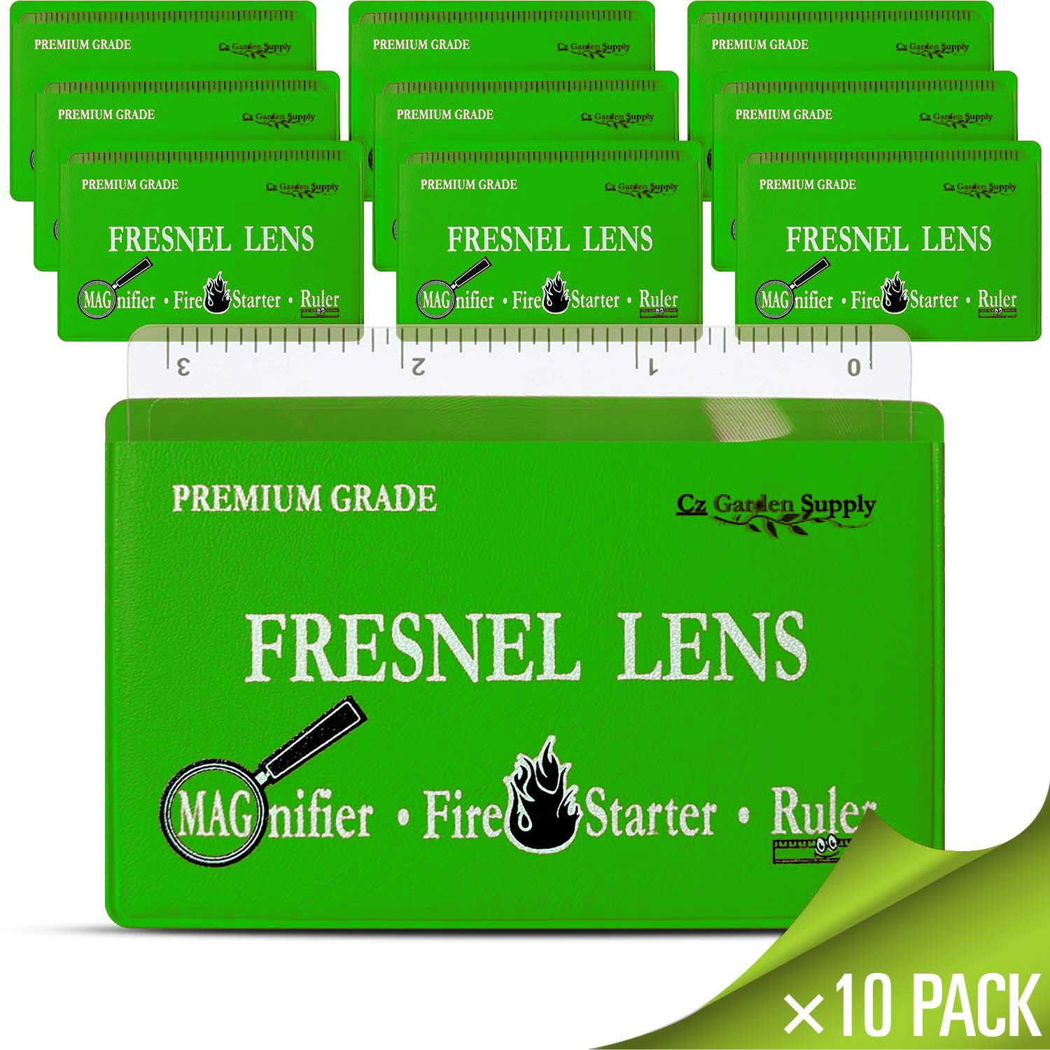 Fresnel Lens 4X Magnifier Pocket Wallet Credit Card Size • Ruler, Magnifier, Solar Fire – Unbreakable Plastic (10 Pack – Green)