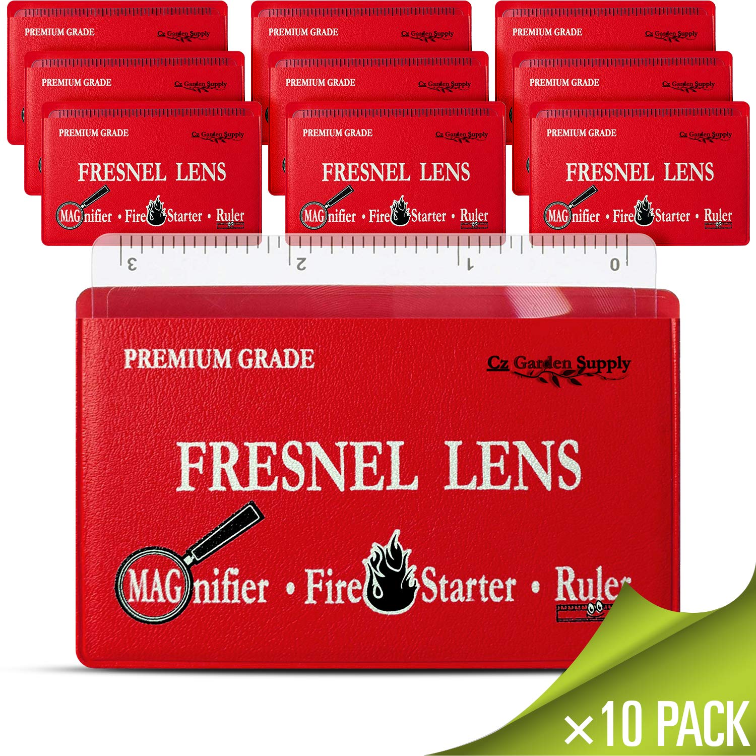 Fresnel Lens 4X Magnifier Pocket Wallet Credit Card Size • Ruler, Magnifier, Solar Fire – Unbreakable Plastic (10 Pack – Red)