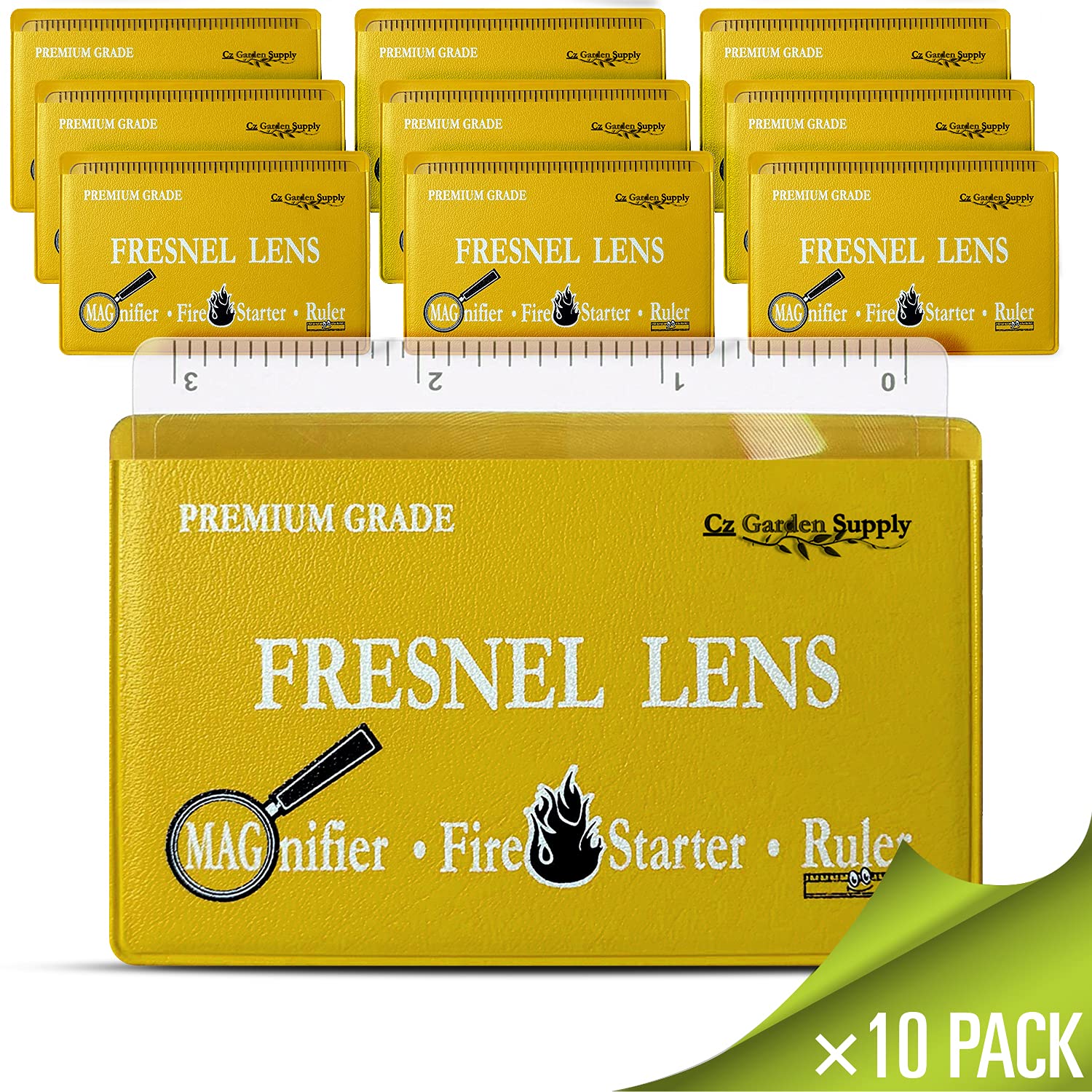 Fresnel Lens 4X Magnifier Pocket Wallet Credit Card Size • Ruler – Unbreakable Plastic (10 Pack Ruler/Magnifier – Yellow)